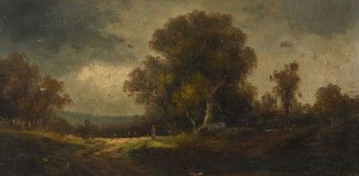 une image d'une peinture représentant un paysage avec des arbres et une rivière