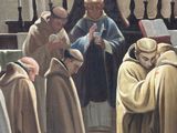 a painting of a group of people standing in a church