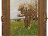 un tableau représentant un chien assis dans un champ, près d'un arbre