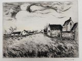 un dessin en noir et blanc représentant une ferme avec une maison au loin