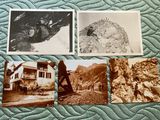 several old black and white photos of people on a bed with a mountain in the background