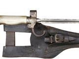 an old pipe cutter with a long handle on a white background