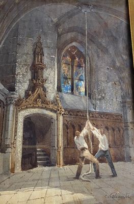 a painting of two men playing a game of baseball in a church