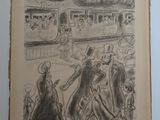 un vieux dessin représentant un train avec des passagers à bord et un homme coiffé d'un haut-de-forme
