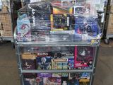 a cart with a lot of items on it in a warehouse