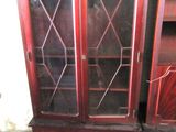 pair of antique mahogany bookcases with glass doors and drawers