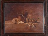 an oil painting of a still life with eggs and other items