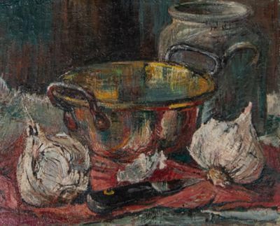 une peinture représentant un bol d'ail et un couteau posés sur une table