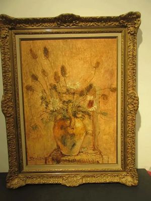 une peinture représentant un vase avec des fleurs sur une table