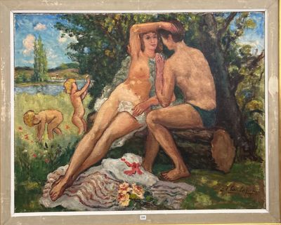 une peinture représentant un homme et une femme assis sur un banc