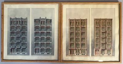 two framed pictures of a building in a wooden frame