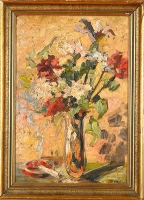 une peinture à l'huile représentant un vase de fleurs sur une table