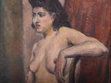 une peinture à l'huile représentant une femme assise sur une chaise, les mains posées sur les genoux
