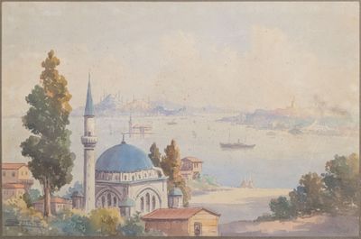 tableau représentant une vue d'une ville et d'un plan d'eau, avec un bateau au loin