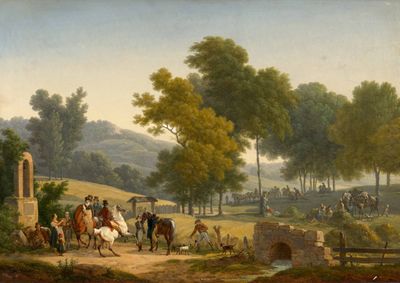 painting of a painting of a group of people riding horses in a field
