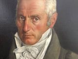 painting of a man in a suit and tie holding a stick