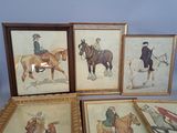 four framed pictures of men riding horses and a woman riding a horse