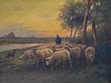 un tableau représentant un homme gardant un troupeau de moutons