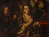 a painting of two men and a woman sitting in a room