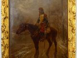 une peinture à l'huile représentant un homme à cheval dans la neige