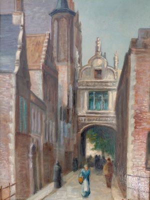 tableau représentant une femme marchant dans une rue d'une vieille ville
