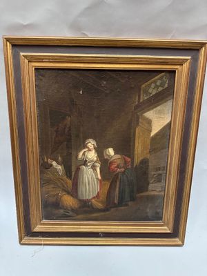 an old painting of a woman in a barn with other people