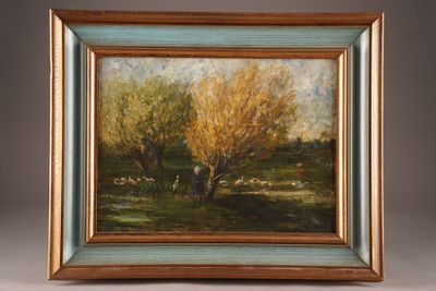 an oil painting of a tree and sheep in a field