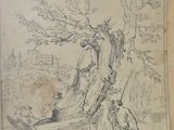 an old drawing of a man and a woman sitting under a tree