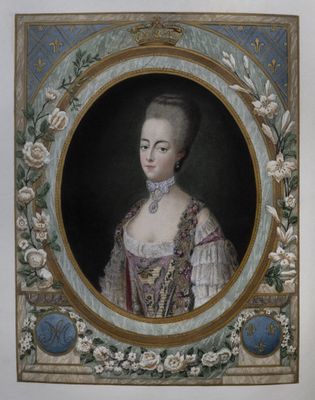 an old painting of a woman in a blue dress with flowers on it