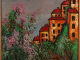 une peinture représentant une peinture d'un bâtiment avec des arbres devant