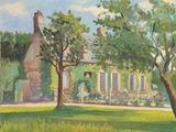 tableau représentant une maison et des arbres dans un champ
