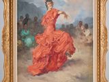 an oil painting of a woman in a red dress in front of a group of people