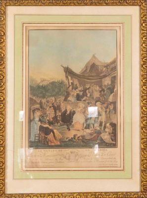 painting of a group of people sitting on a bench in front of a building