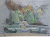 drawing of a landscape with a fountain and trees in the foreground