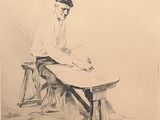 drawing of a man sitting at a table writing on a piece of paper