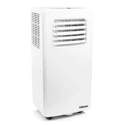 a white portable air conditioner sitting on top of a white table