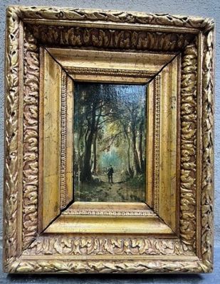 a painting of a man walking through a forest in a golden frame