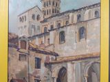une peinture d'un bâtiment avec une tour d'horloge en arrière-plan