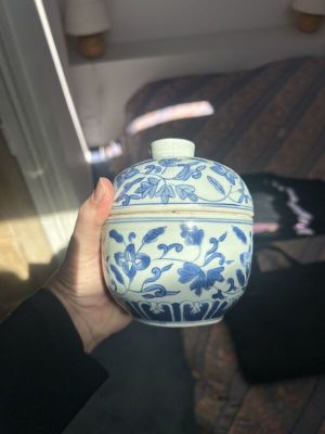 une personne tenant un vase bleu et blanc à la main