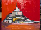 une image représentant un tableau posé sur un chevalet, sur fond rouge