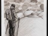 pencil drawing of a man with a backpack and ski poles on a mountain