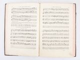 an open book with music notes on it sitting on a table