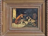 an oil painting of a dog and a cat in a barn