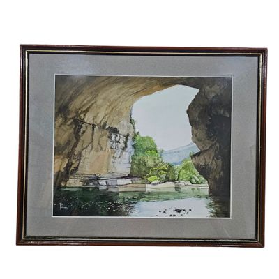 aquarelle encadrée représentant une grotte avec un bateau dans l'eau