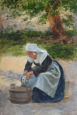 an oil painting of a woman sitting on the ground next to a pot