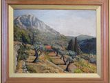 an oil painting of a landscape with a mountain in the background