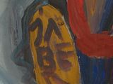 a painting of a man holding a surfboard in his hand