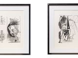 two framed drawings of a man and a woman sitting on a bench