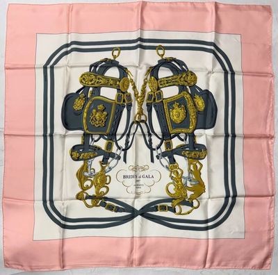 pink and blue silk scarf with two horses and gold chains
