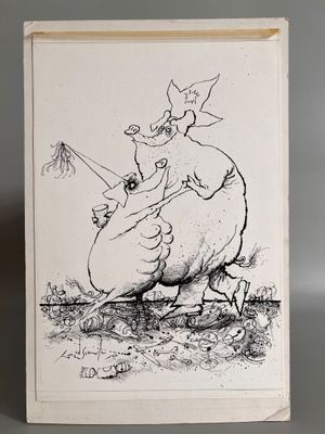 une image représentant un dessin d'un homme chevauchant un cochon